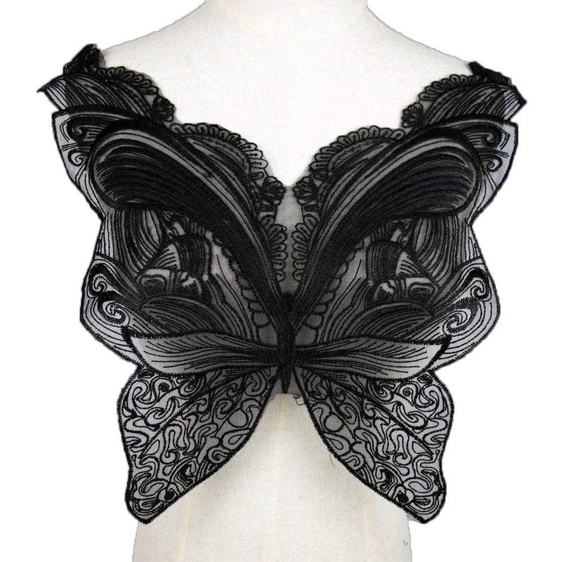 canjoyn Black Butterfly Cloth Paste Patches Lace Sewing Collar Embroidered Neckline Trim Applique Embellishments Vintage Trims Wedding Dress Accessories - Image 1